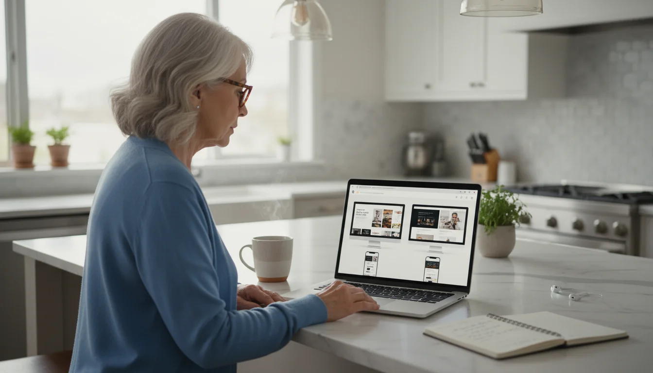 An older woman at a kitchen island views two blog themes on her laptop screen, one showing a desktop and mobile preview.