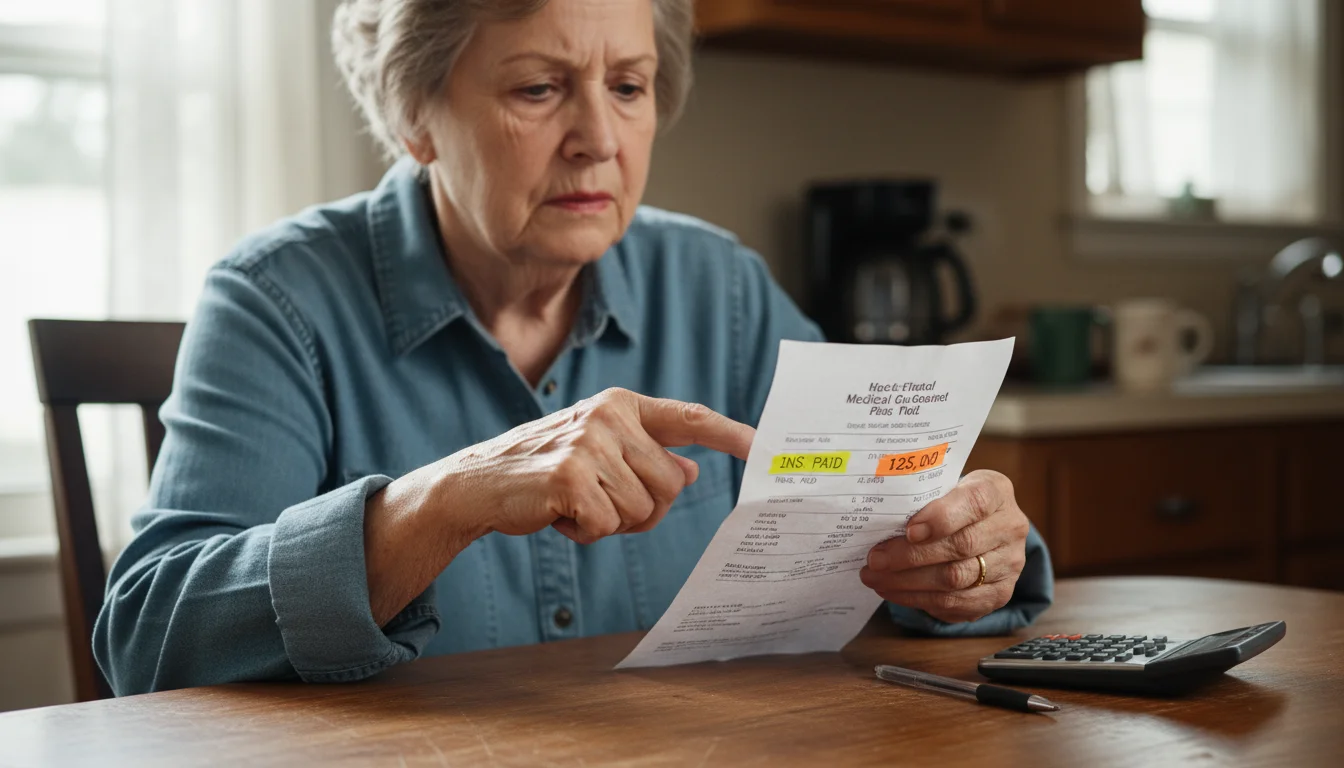 An older woman at a kitchen table, pointing at conflicting numbers on a medical bill with a calculator nearby.