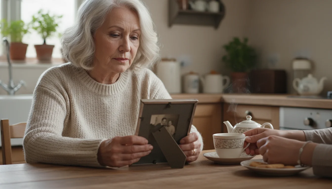 An older woman at a kitchen table thoughtfully holds a family photo, as a caregiver's hand places a teacup nearby.