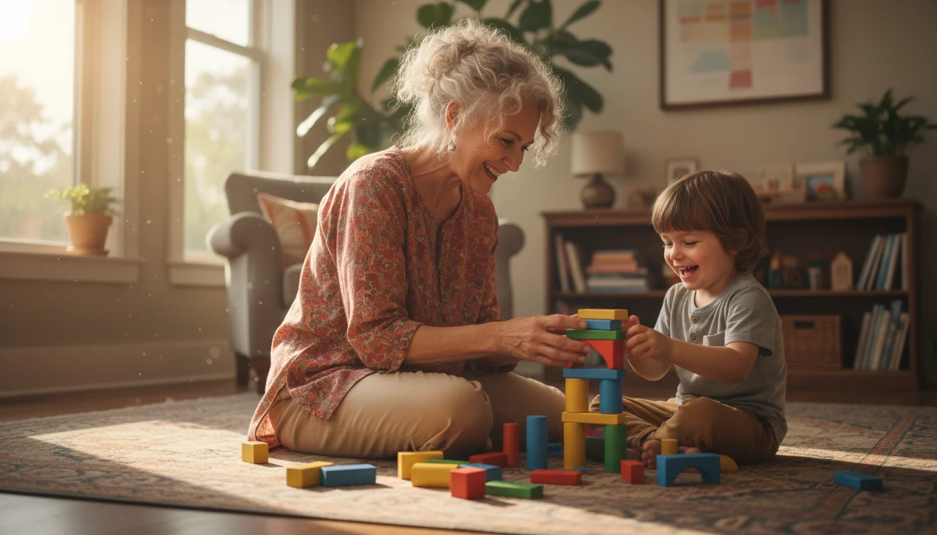 Older woman kneeling comfortably, helping a young child stack blocks on a rug, soft window light.