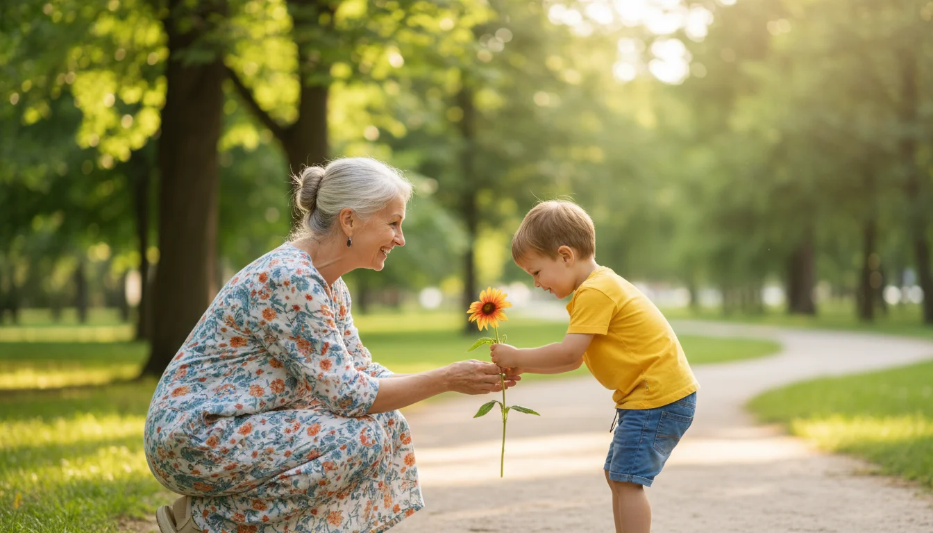 Older woman gently kneeling in a park, engaging with a young grandchild holding a flower.