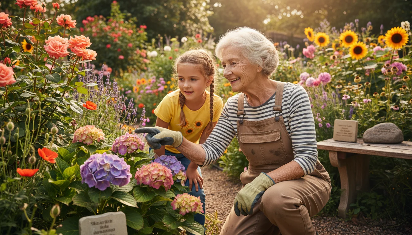 Older woman kneels with a young girl in a vibrant garden, pointing to a lilac bush. The girl, holding a watering can, listens, surrounded by lush plan