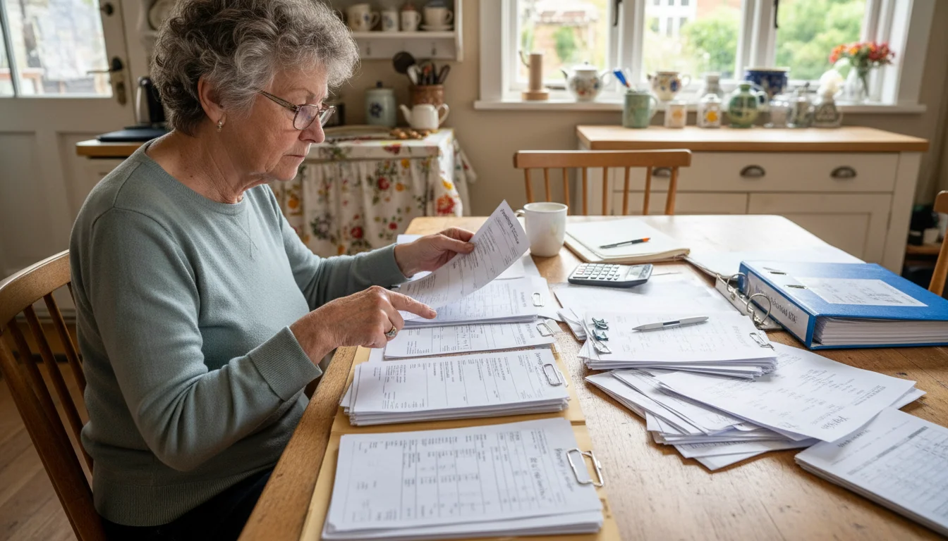 An older woman, late 70s, with gray hair and glasses, sits at a kitchen table comparing medical bills and insurance documents.