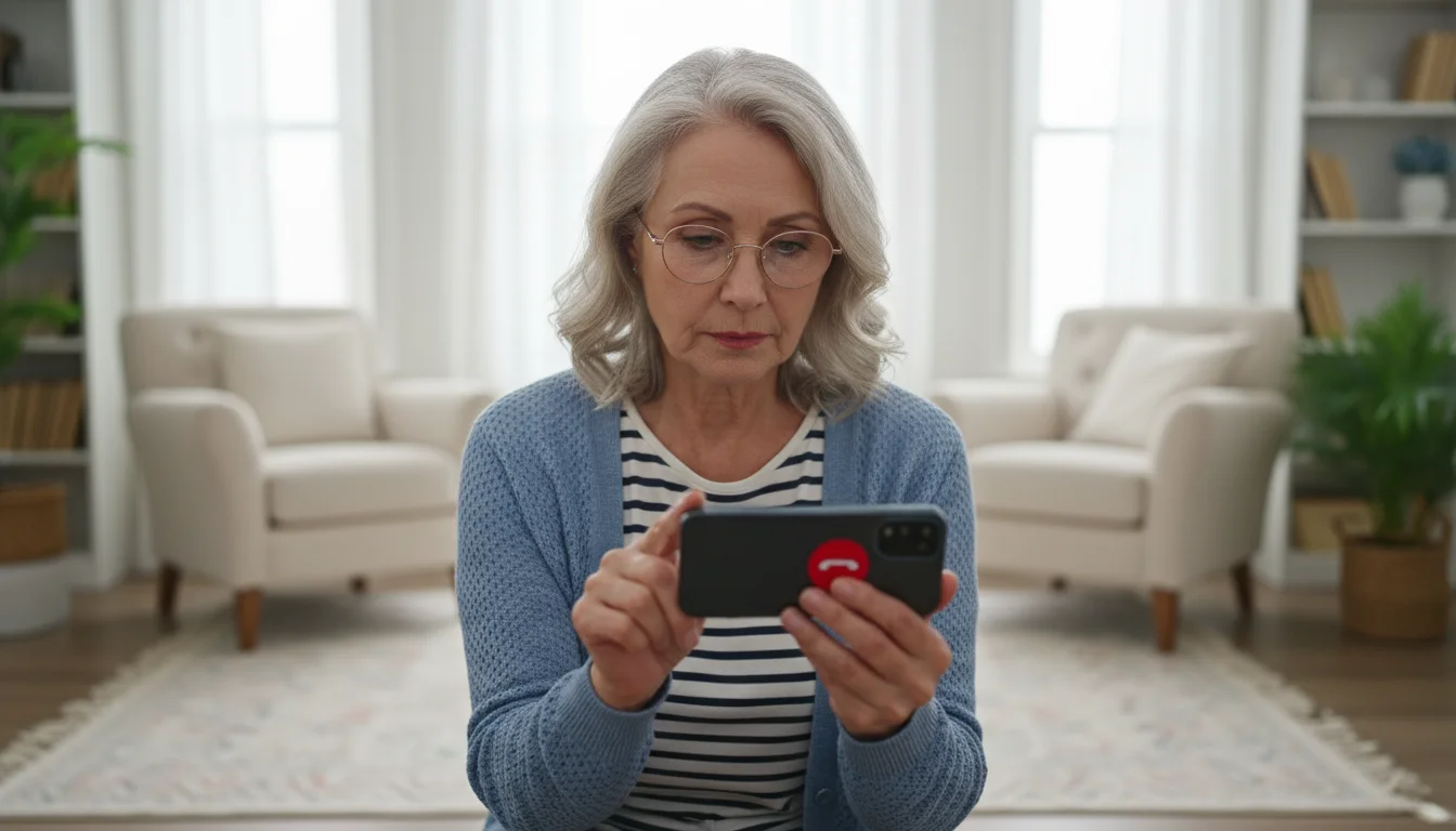Older woman (late 60s) in her living room, holding a smartphone, looking at its screen with a wary expression, evaluating an unsolicited call.
