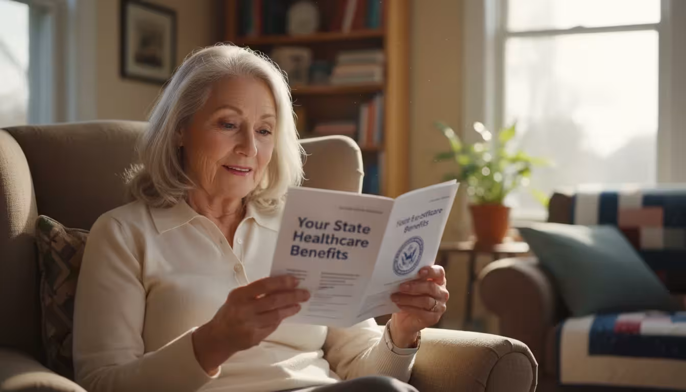 An older woman, late 70s, reads a brochure titled 'Your State Healthcare Benefits' with a hopeful expression in a sunlit room.