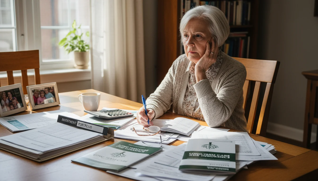 Older woman, late 70s, seated at dining table with financial documents and insurance brochures, deep in thought.