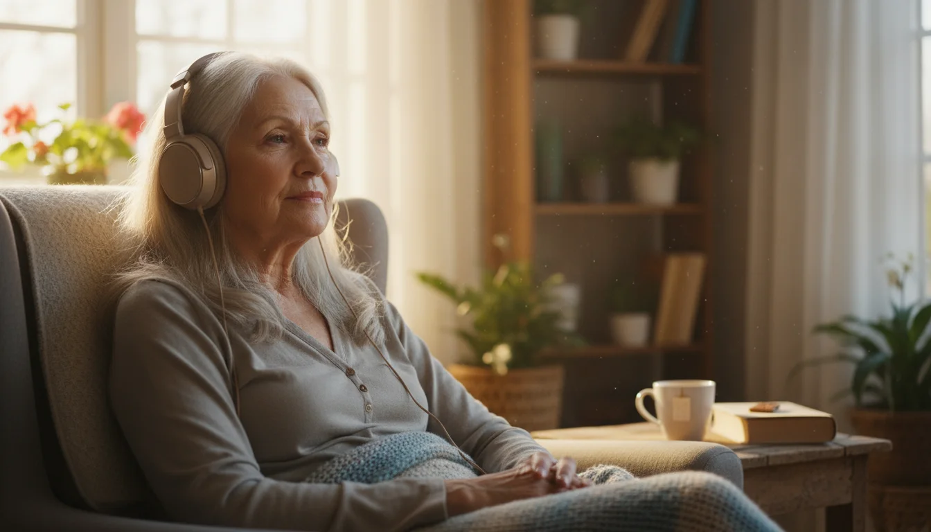 An older woman, late 70s, with silver hair, wearing headphones and listening intently with a serene expression in a bright, cozy living room. A tablet