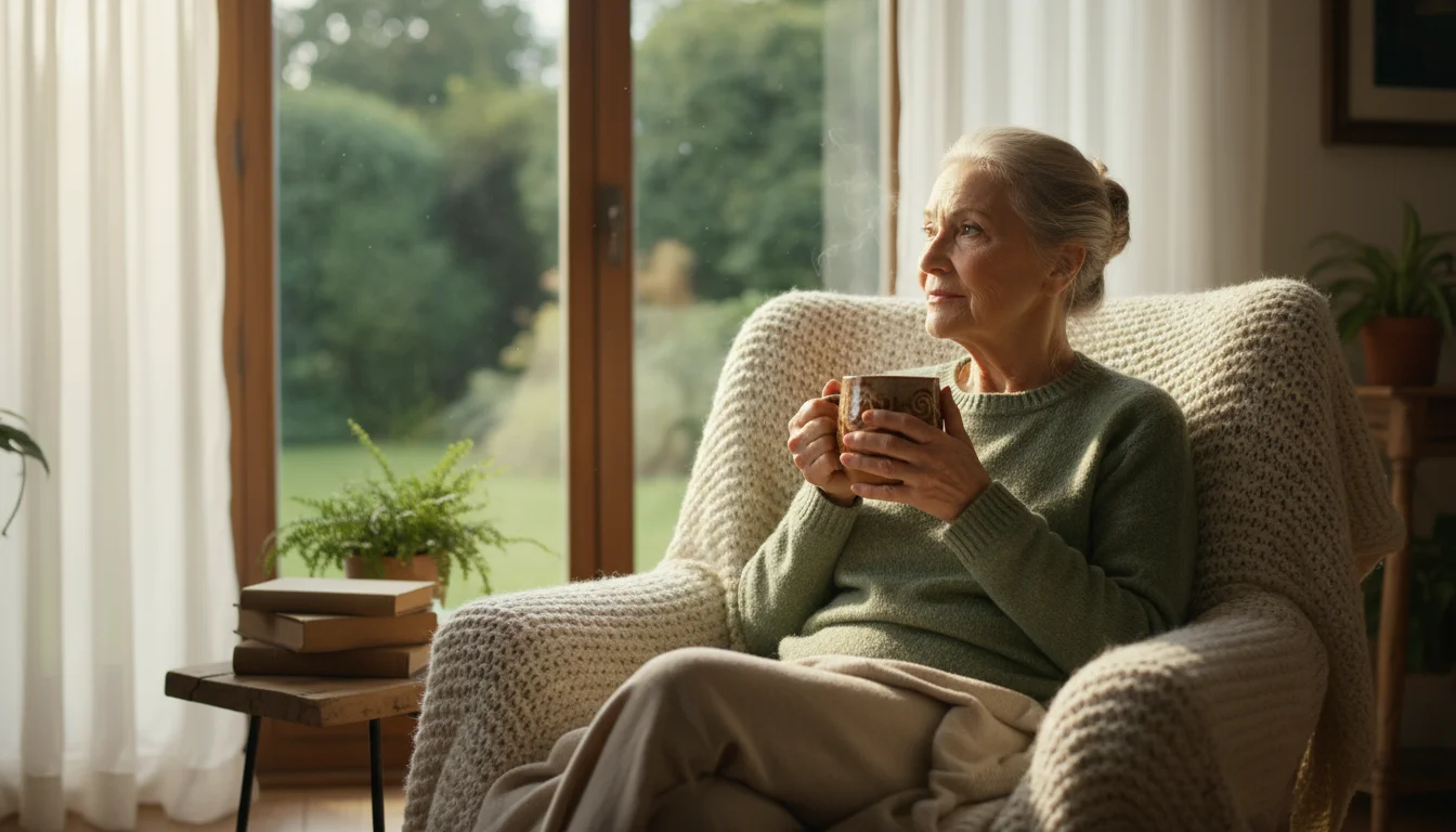 An older woman, late 70s, sits in an armchair by a window, holding a warm mug with a reflective expression.