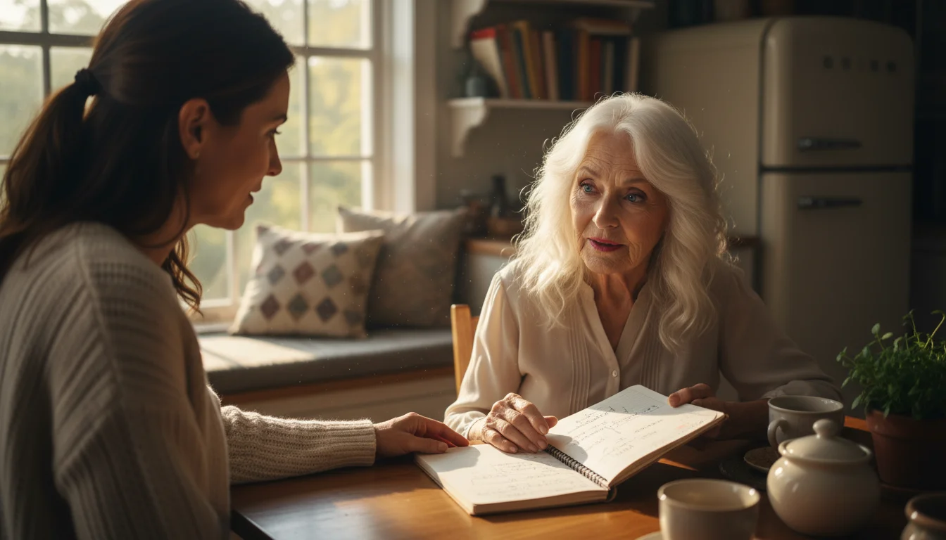 Older woman (late 70s) with soft white hair, showing understanding, holds a notebook across from a younger woman (40s) at a kitchen table. Natural lig