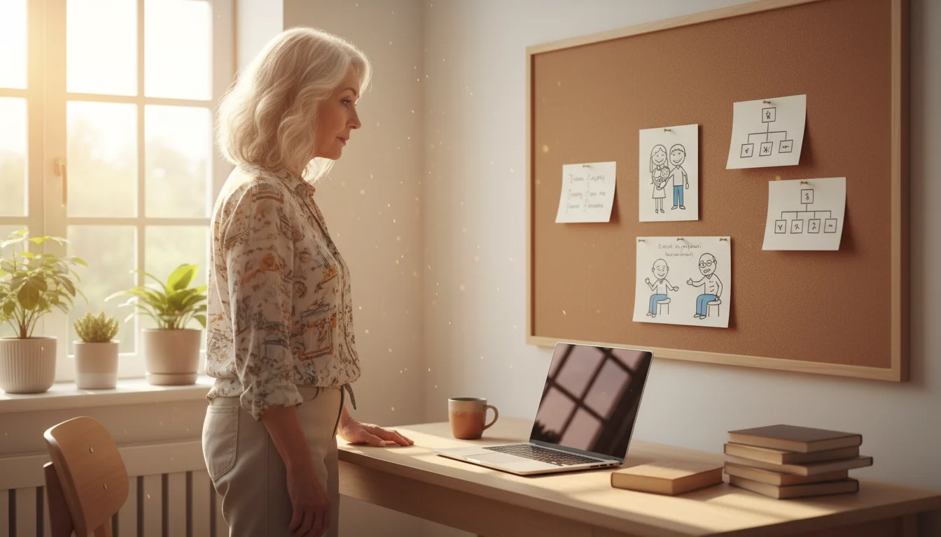 An older woman, late 60s, stands in a bright home office, looking intently at a corkboard above her desk. The board displays simple hand-drawn sketche