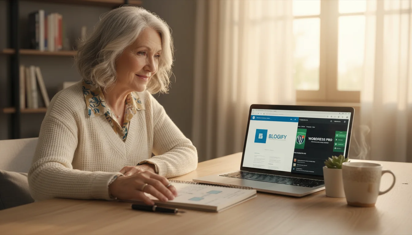 Older woman in late 60s thoughtfully reviews two blogging platform options on her laptop screen, with an open notebook of handwritten notes beside her
