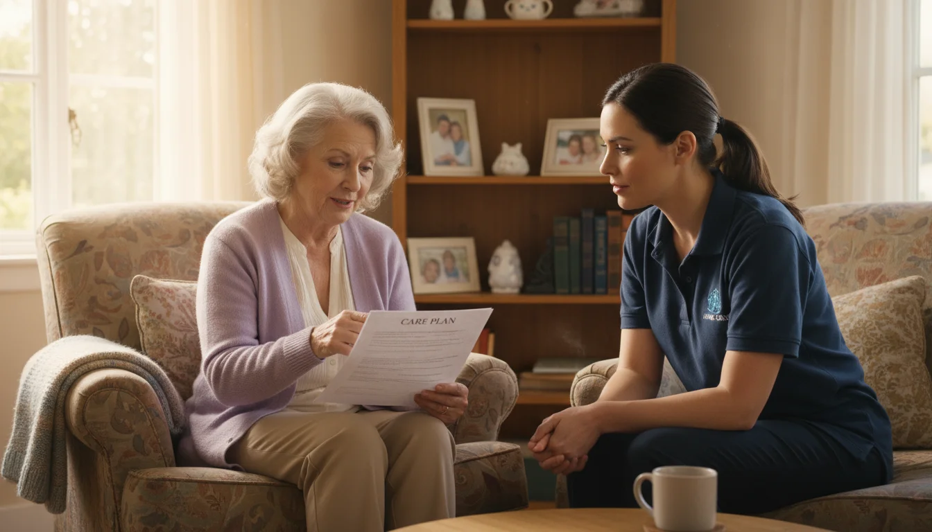 An older woman in a lavender cardigan holds a document while speaking with a professional female caregiver in a bright living room.
