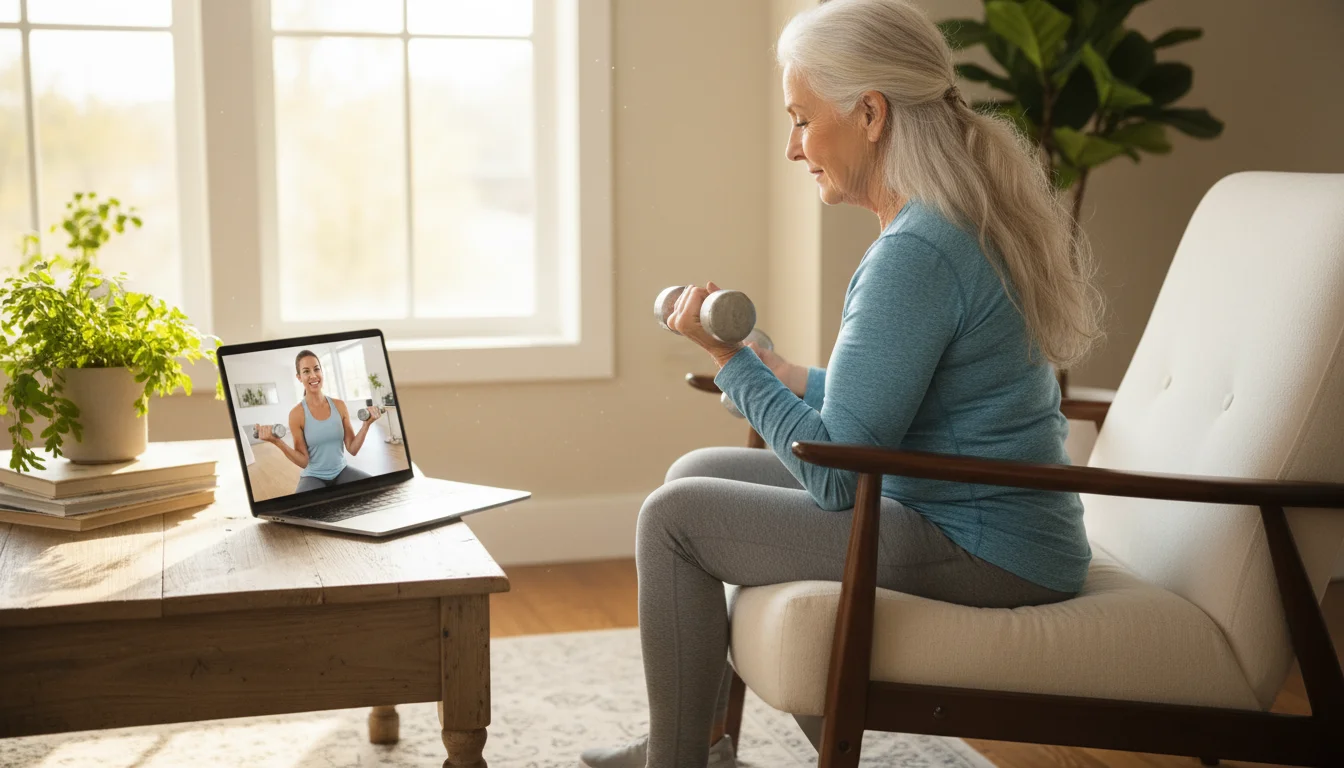 An older woman in a light blue top sitting in an armchair, doing a seated exercise while watching a fitness instructor on a laptop.
