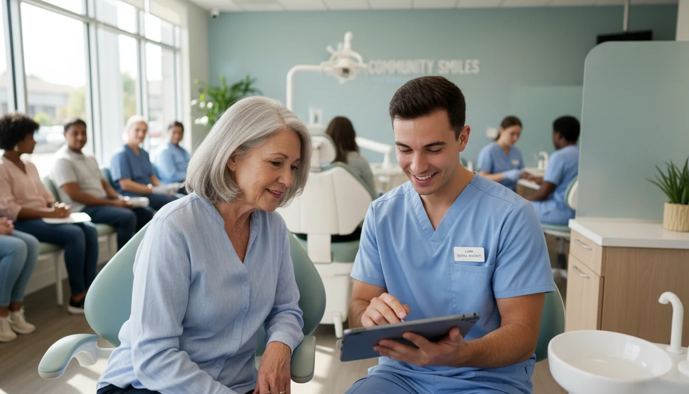 Older woman listening intently to a young dental student explaining information on a tablet in a clinic.