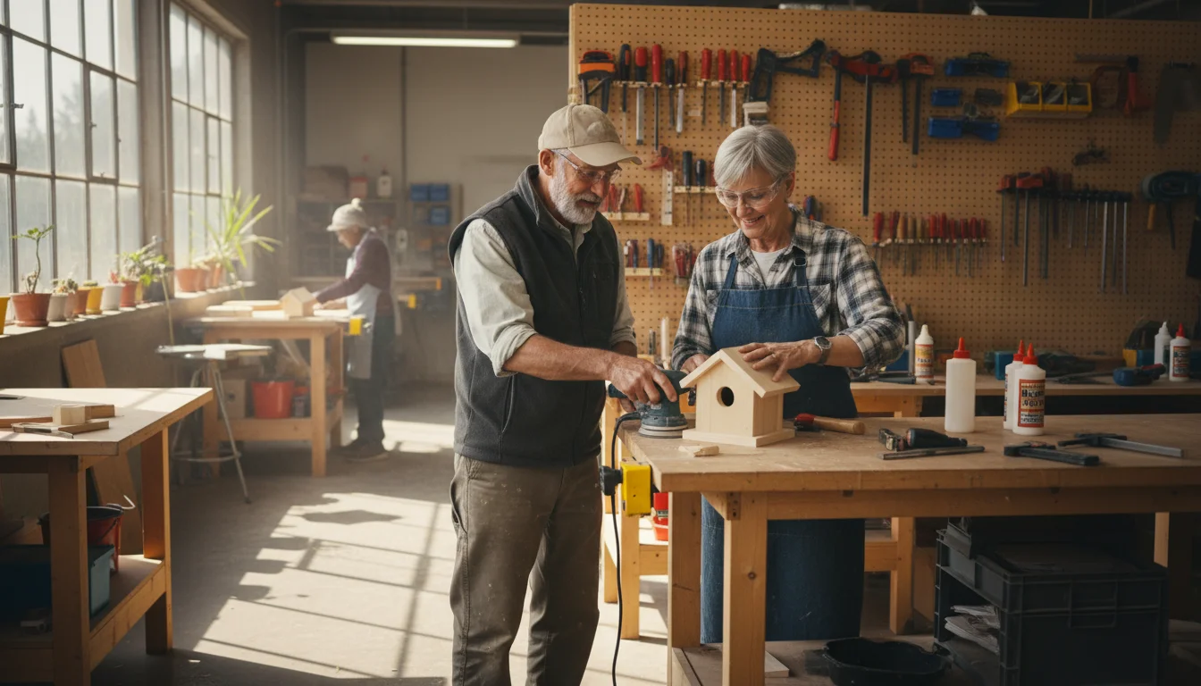 An older woman and man work on a wooden birdhouse in a shared woodworking workshop.