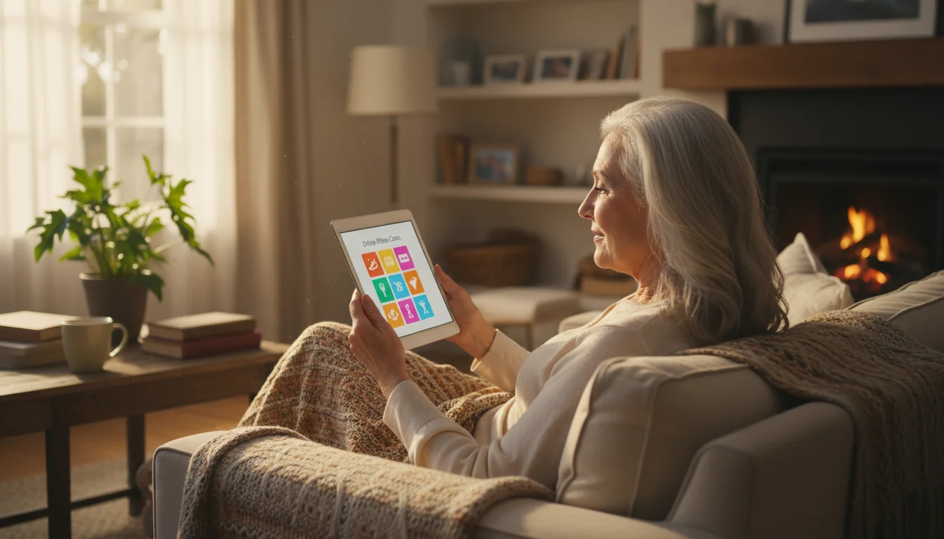 Older woman, mid-70s, with silver hair, sitting on a sofa and happily browsing online fitness class options on a tablet in her living room.
