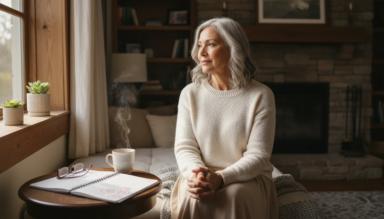 An older woman, mid-60s, sits on a sunlit window seat, gazing out thoughtfully. An open planner is on a nearby table.