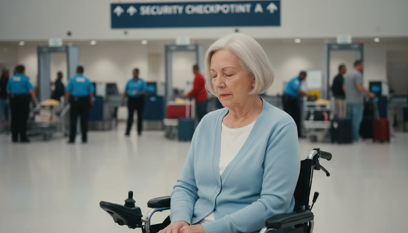 Older woman in a motorized wheelchair with eyes gently closed, taking a deep breath in a busy airport security area.