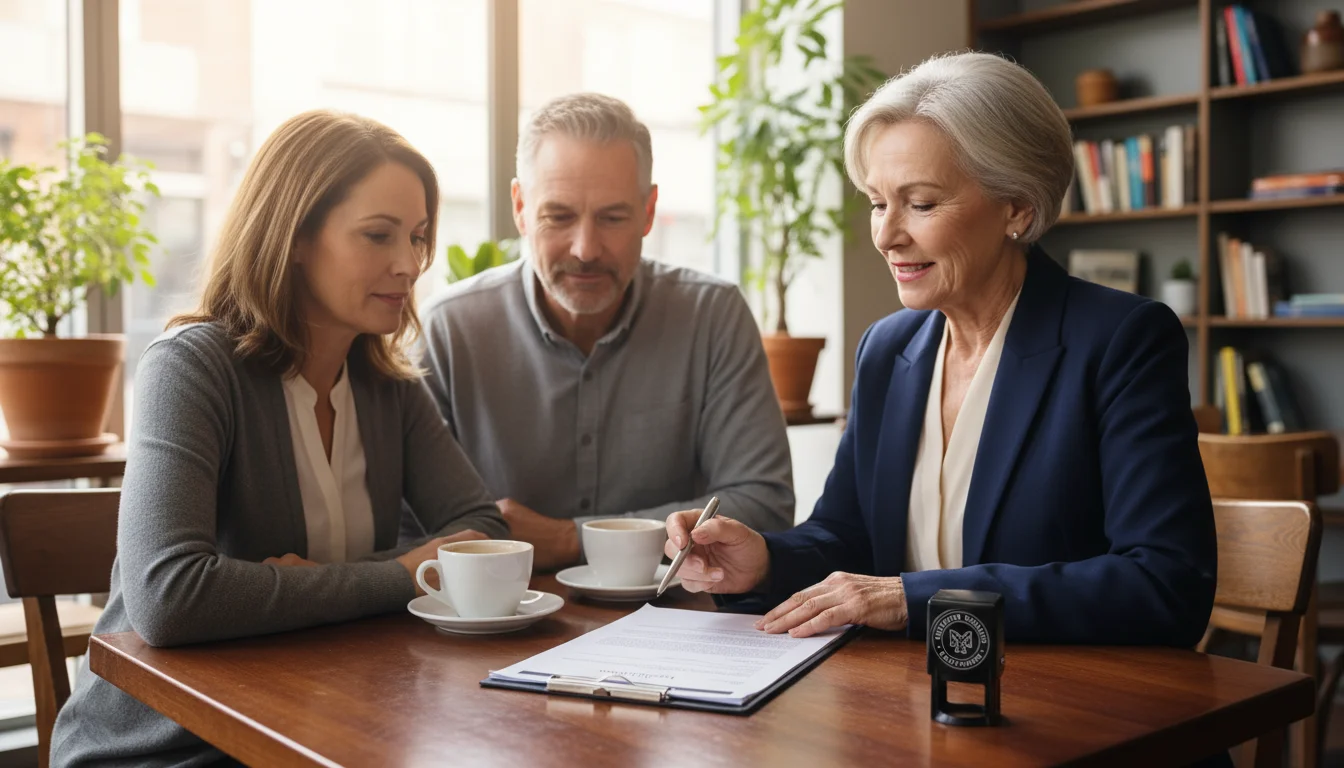 An older woman in a navy blazer at a cafe table points to a document while explaining it to a couple. Notary stamp on table.