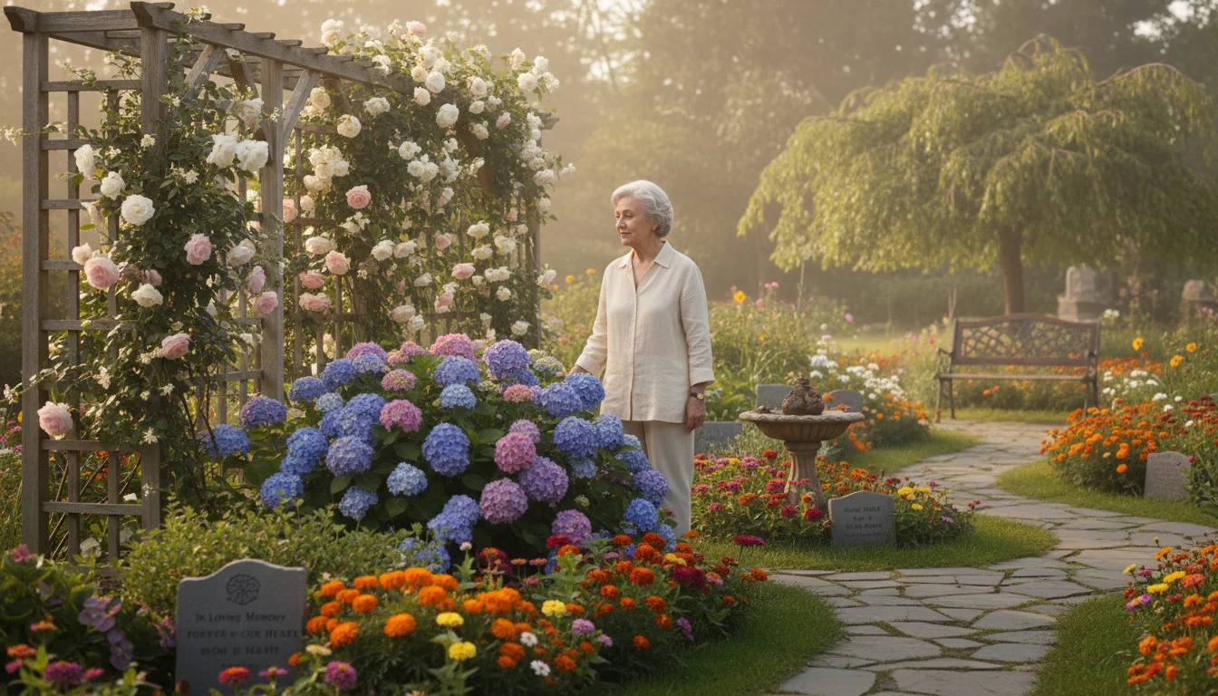 An older woman observes a vibrant garden filled with blue hydrangeas, orange marigolds, multi-colored zinnias, and sweet peas.