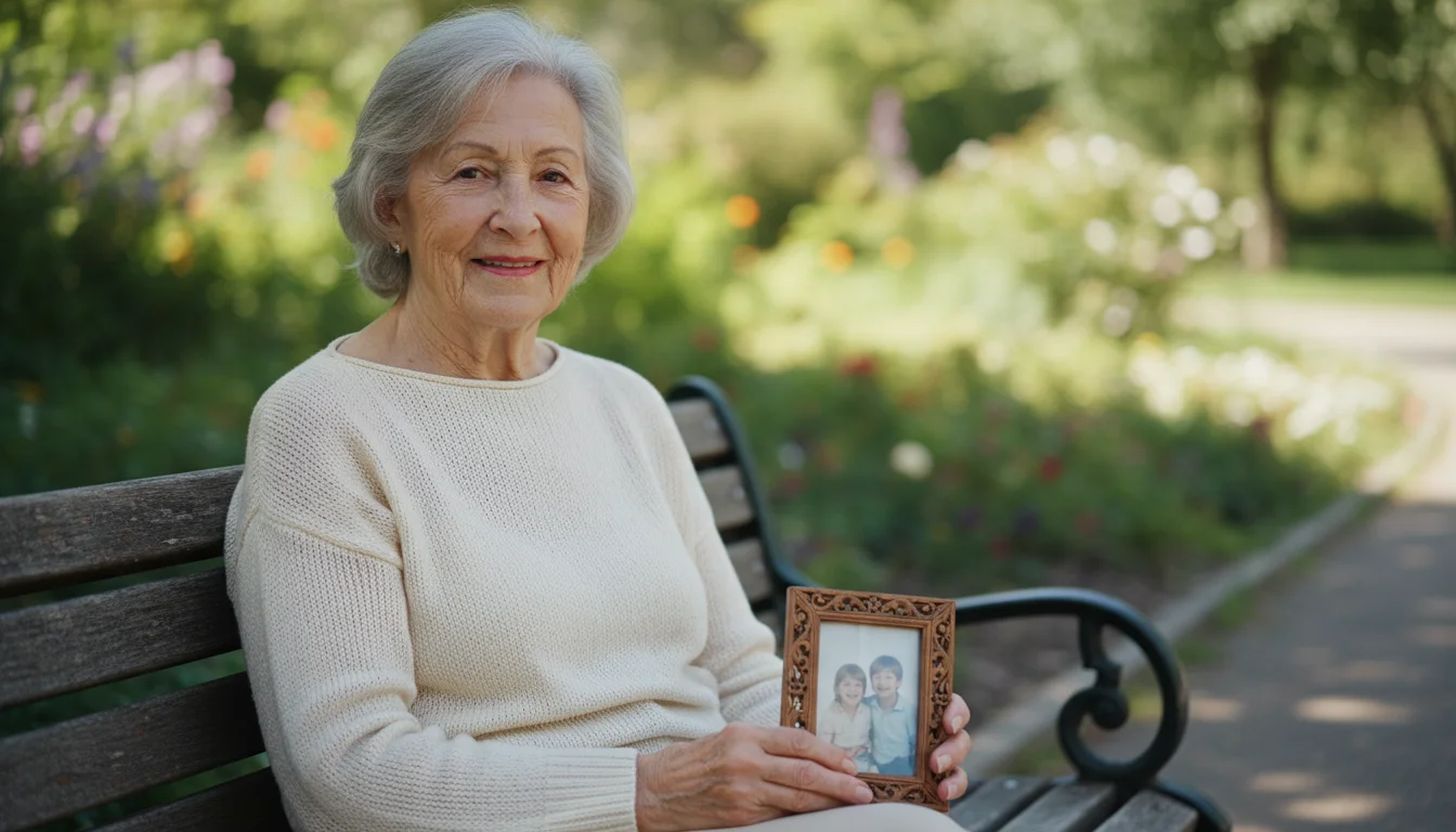 An older woman on a park bench gently holds a photo of children, smiling softly as diverse people pass in the blurred background.