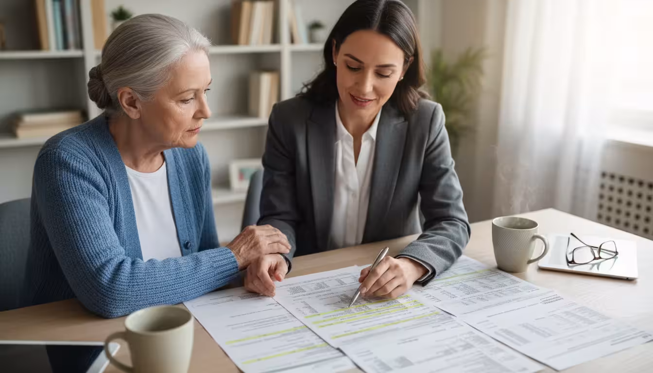 An older woman and a patient advocate seated at a table, reviewing a medical bill. The advocate points to a section with a pen.