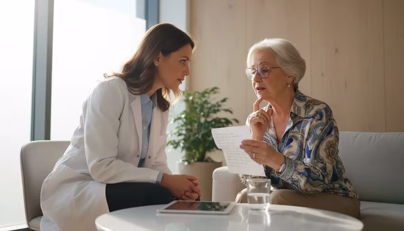 An older woman patient discusses her medication list with a female doctor during a medical consultation.