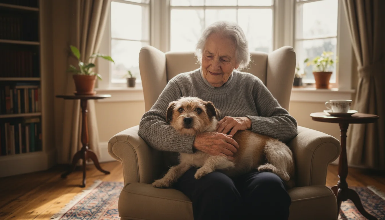 An older woman gently pets a small, scruffy dog curled on her lap in a sunlit armchair, looking peaceful and content.