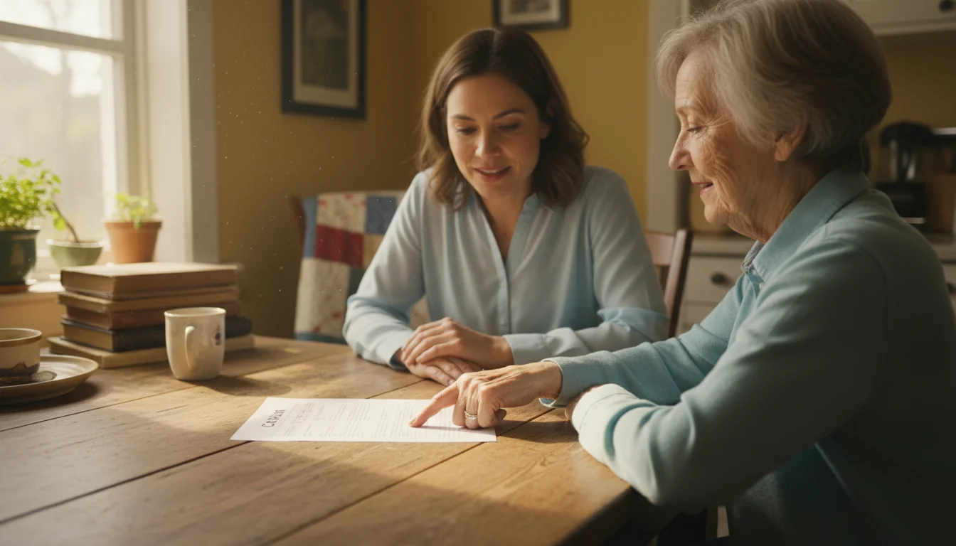 An older woman points to a document while a home care professional listens intently at a kitchen table.