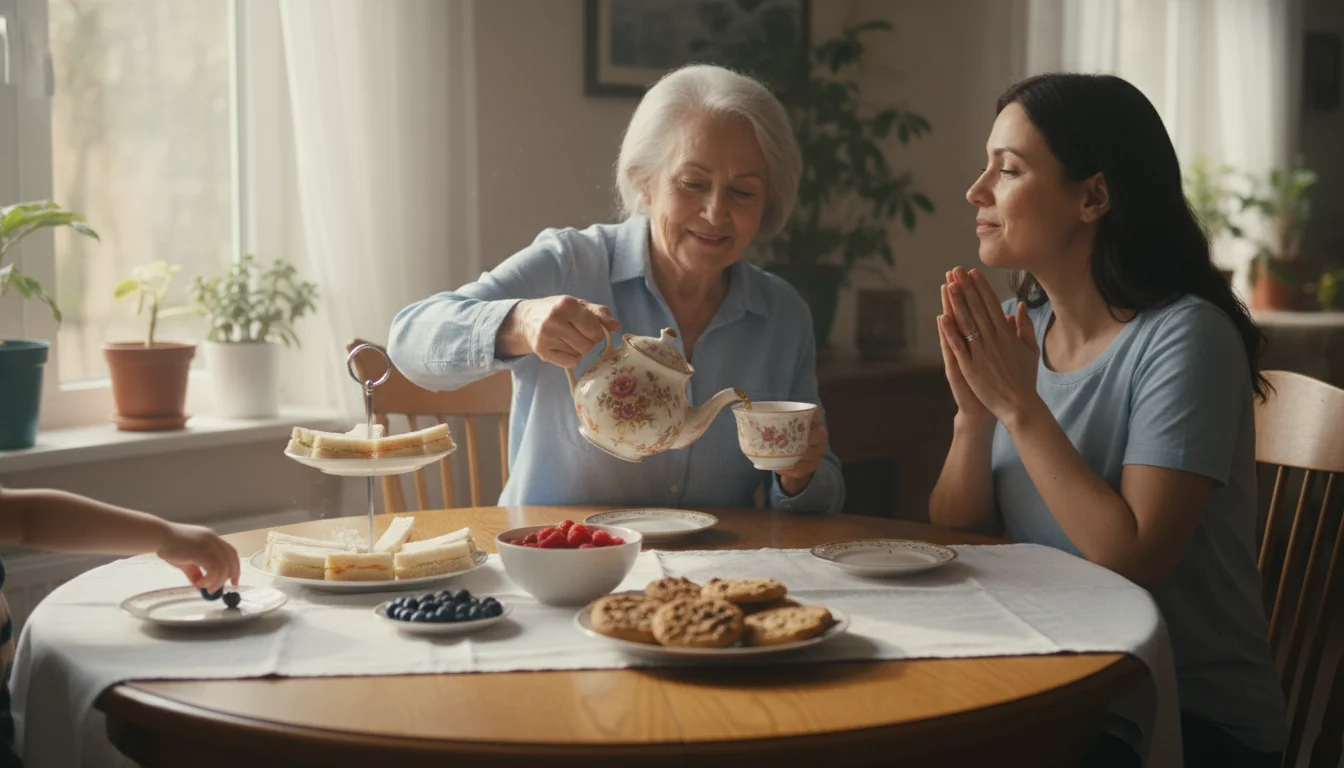An older woman pours tea for a younger adult at a table with finger sandwiches, berries, and cookies. A child reaches for fruit.