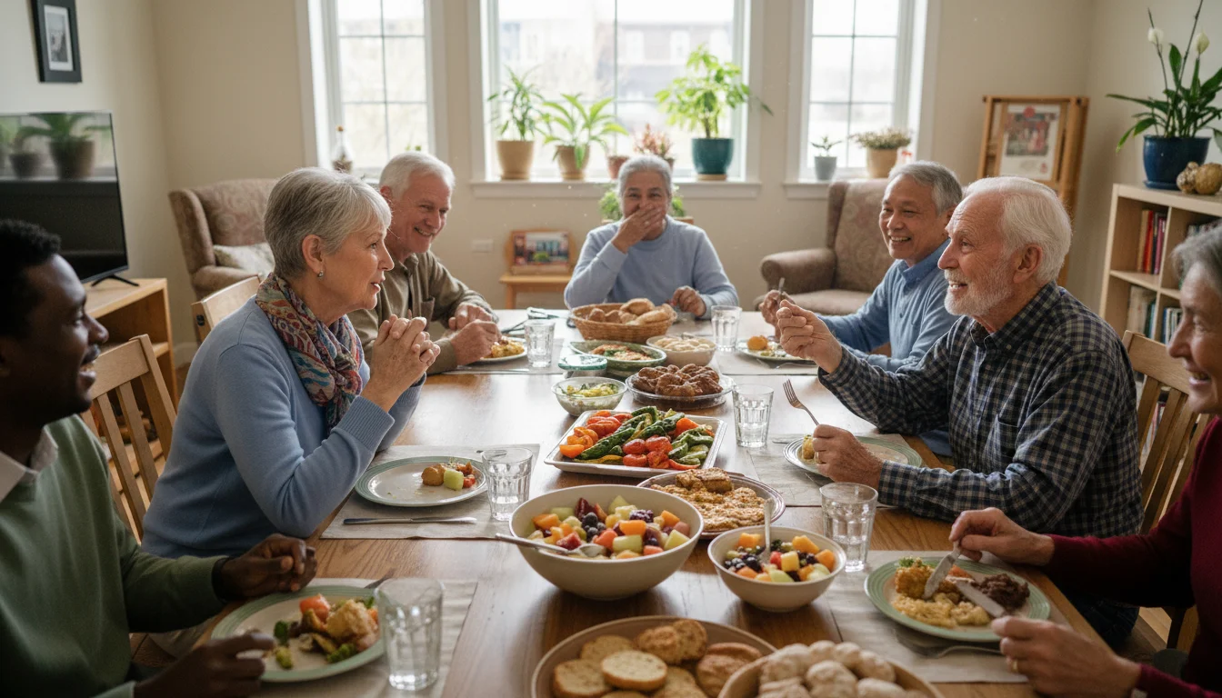 An older woman, a prospective resident, intently listens to a male community member during a shared meal at a co-housing table.