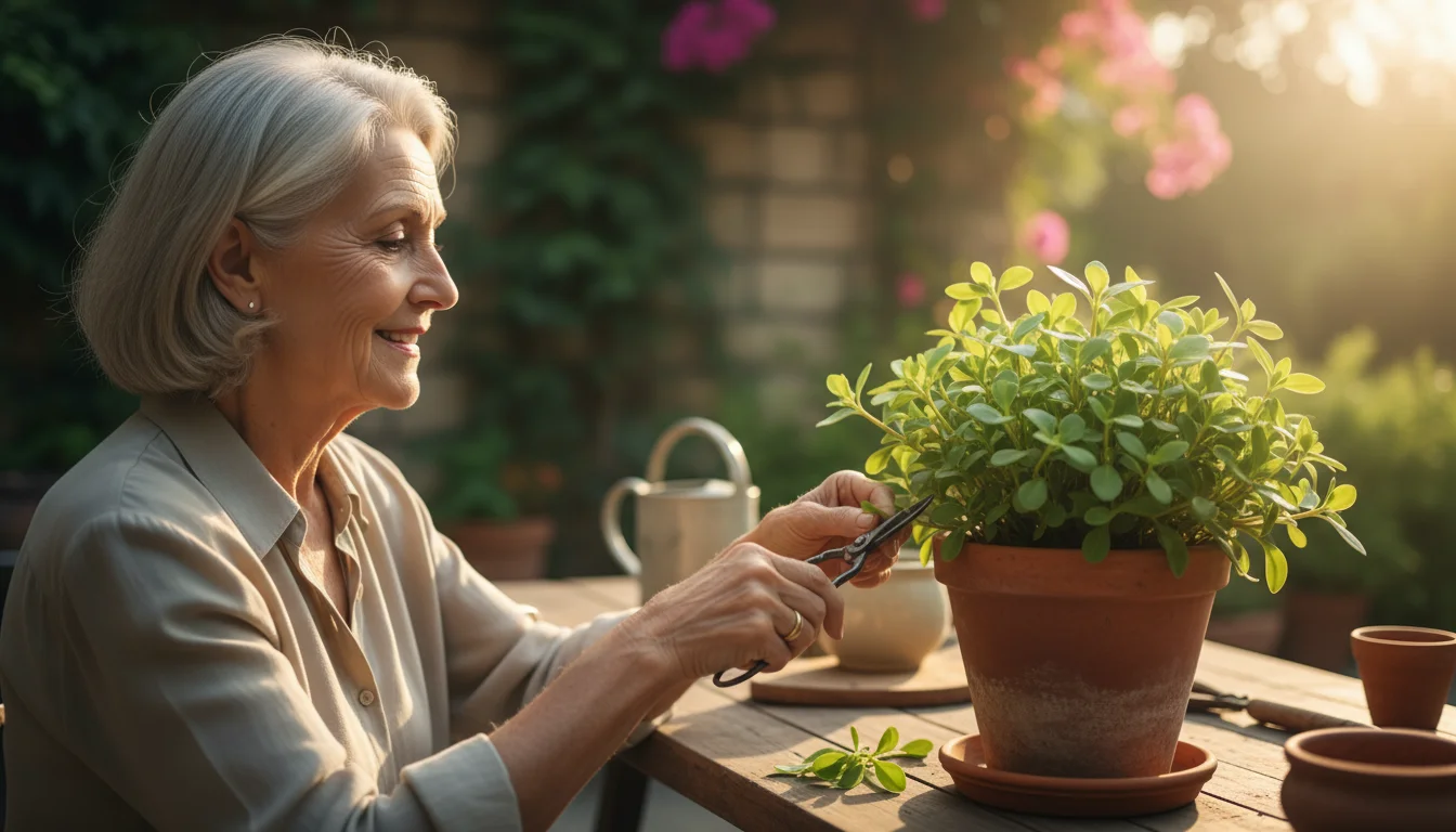 Older woman carefully pruning a green plant in a terracotta pot on a sunny patio, her hands visible.
