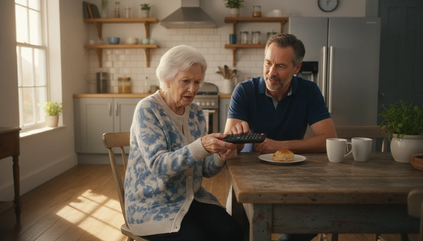 Older woman with puzzled look holds TV remote as her son gently points to a button, explaining something in a sunlit kitchen.
