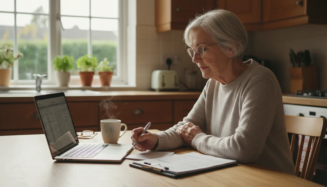 An older woman with reading glasses calmly reviews financial information on a laptop at her kitchen table.