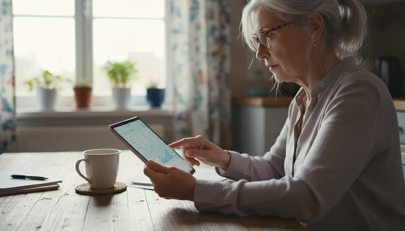 An older woman with reading glasses focused on a tablet at a kitchen table, reviewing financial information.