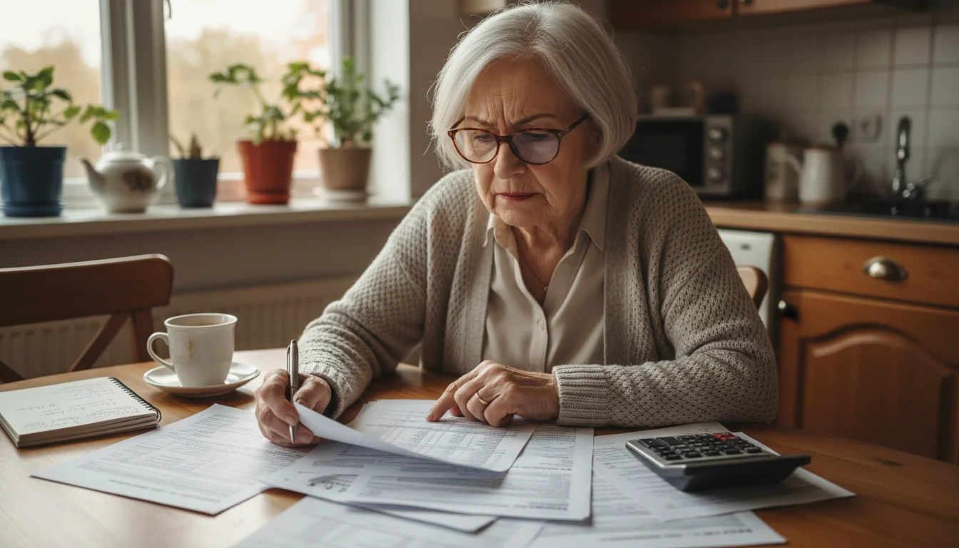 Older woman with reading glasses intently reviewing financial and tax documents spread across a wooden table, calculator nearby.