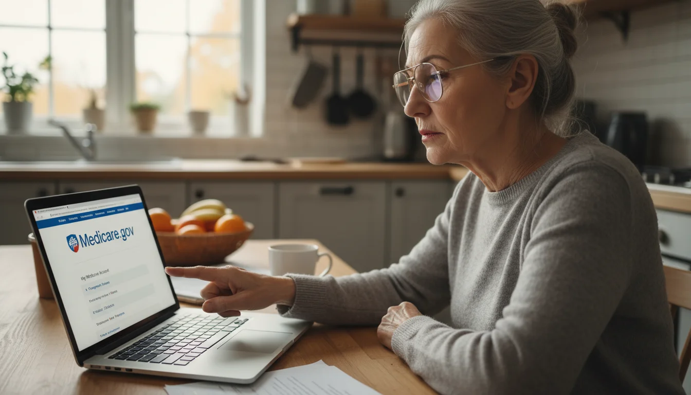 An older woman with reading glasses intently studies a laptop screen displaying a government health website at her kitchen table.