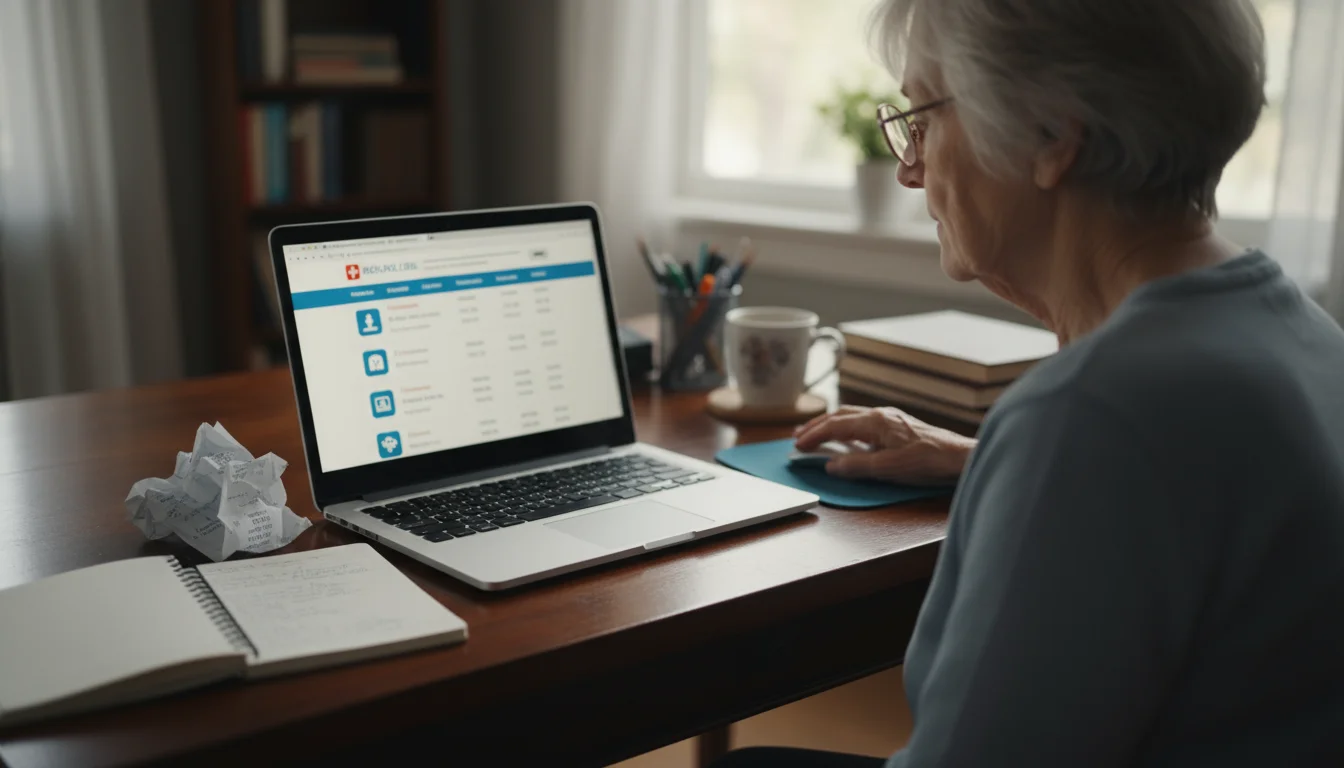 Older woman in reading glasses looks at a laptop screen, researching medical costs at home. A bill and notepad are nearby.