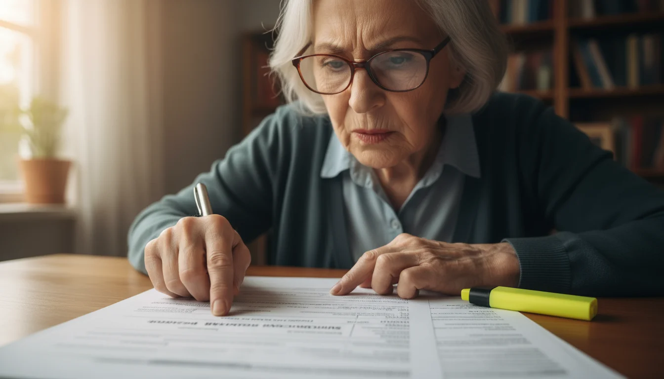 An older woman with reading glasses points at a high-cost 'Surgical Bandage' charge on a long, itemized medical bill.