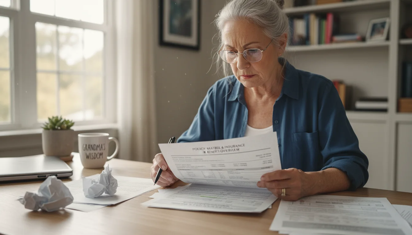 An older woman in reading glasses reviews long-term care insurance documents on a desk, pen in hand, focused on policy details.