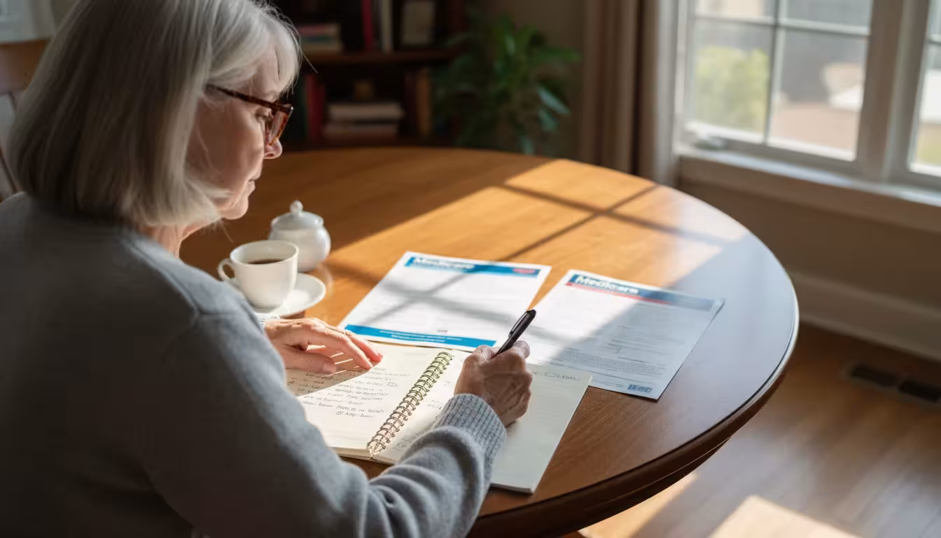 An older woman in reading glasses sits at a table, comparing open Medicare plan brochures with a pen and notepad.