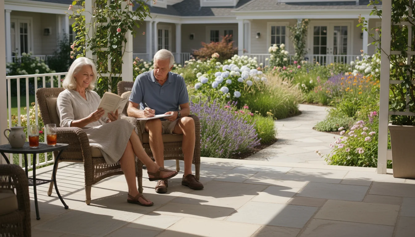 An older woman reads a book while an older man sketches on a clean patio overlooking a manicured garden.