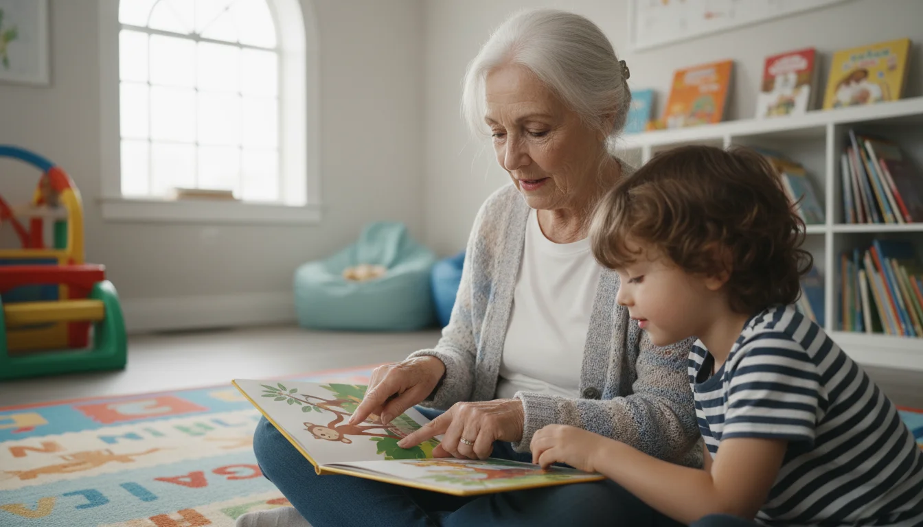 An older woman reads a picture book to a young child in a library, both looking engaged and happy.