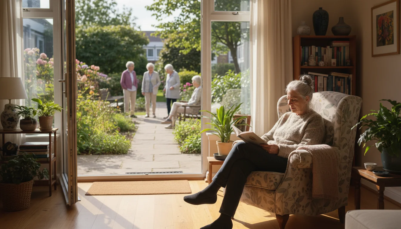 An older woman reads in her sunlit private living room, with a communal garden pathway visible through an open patio door.
