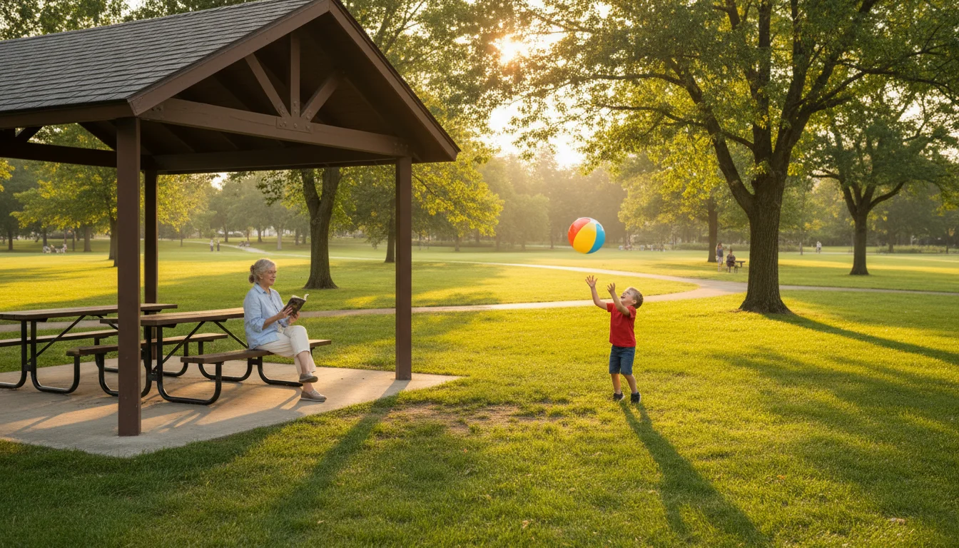 An older woman reads under a wooden park picnic shelter while a child plays with a colorful ball on sunlit grass.