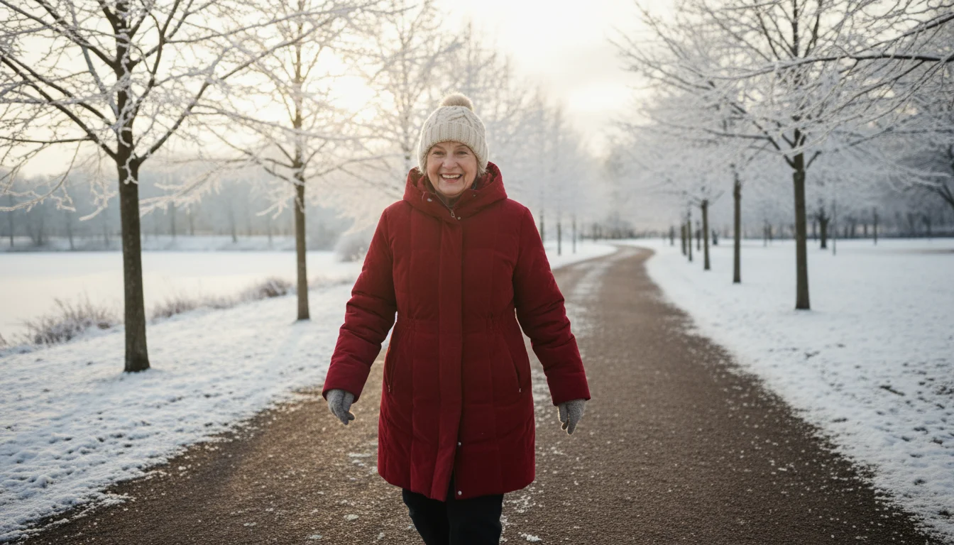 An older woman in a red winter coat and hat walks smiling on a cleared park path with light snow on the trees.
