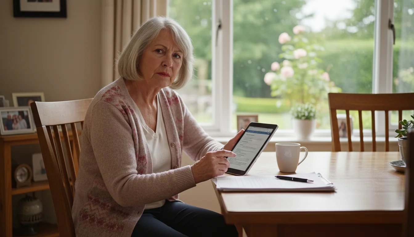 Older woman reviewing documents or a tablet at a table, part of her home with a storm shutter visible outside a window.