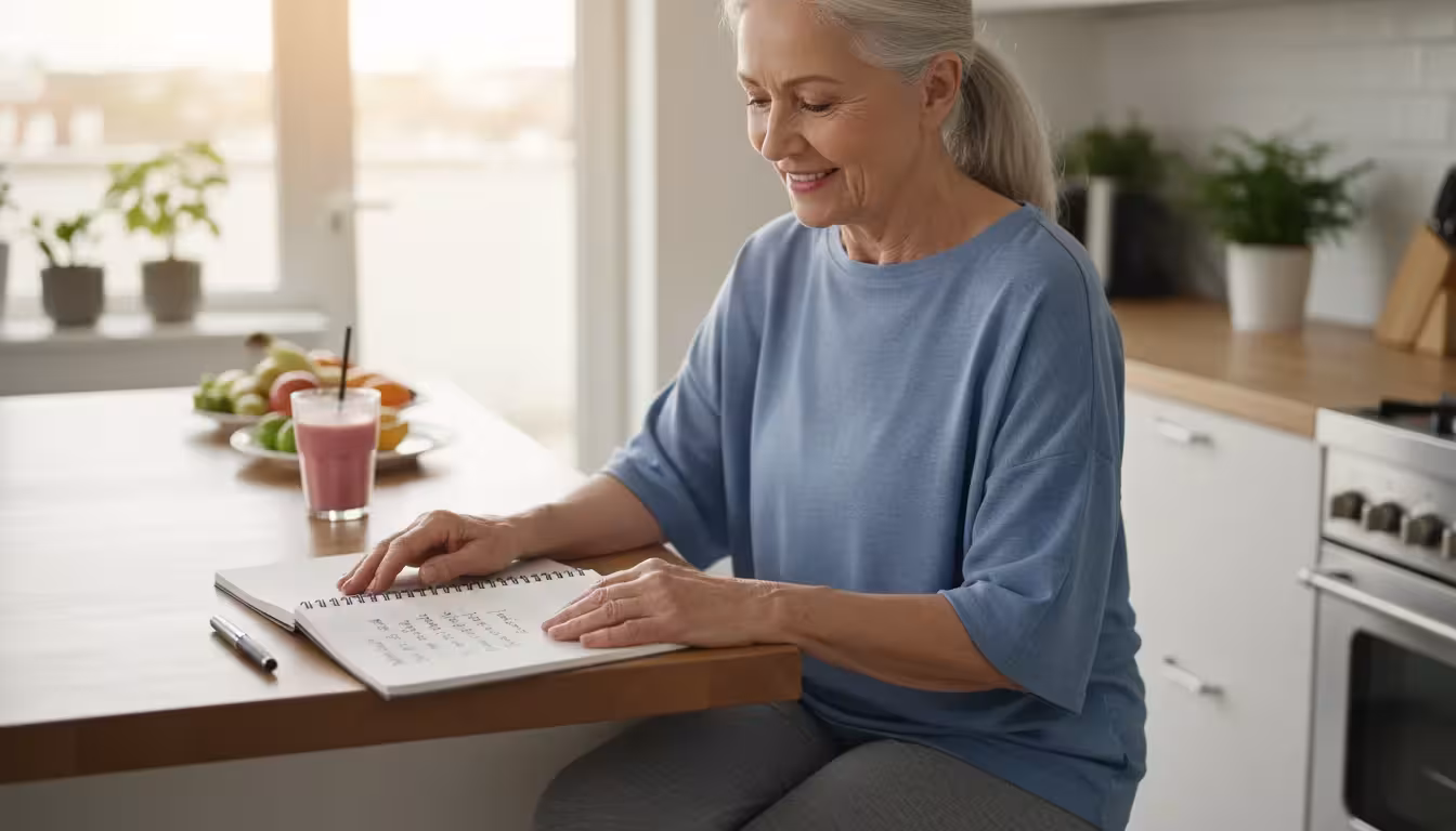 An older woman reviews her workout log in a spiral notebook on a kitchen island, a pen beside it. A tablet with a fitness class is in the background.