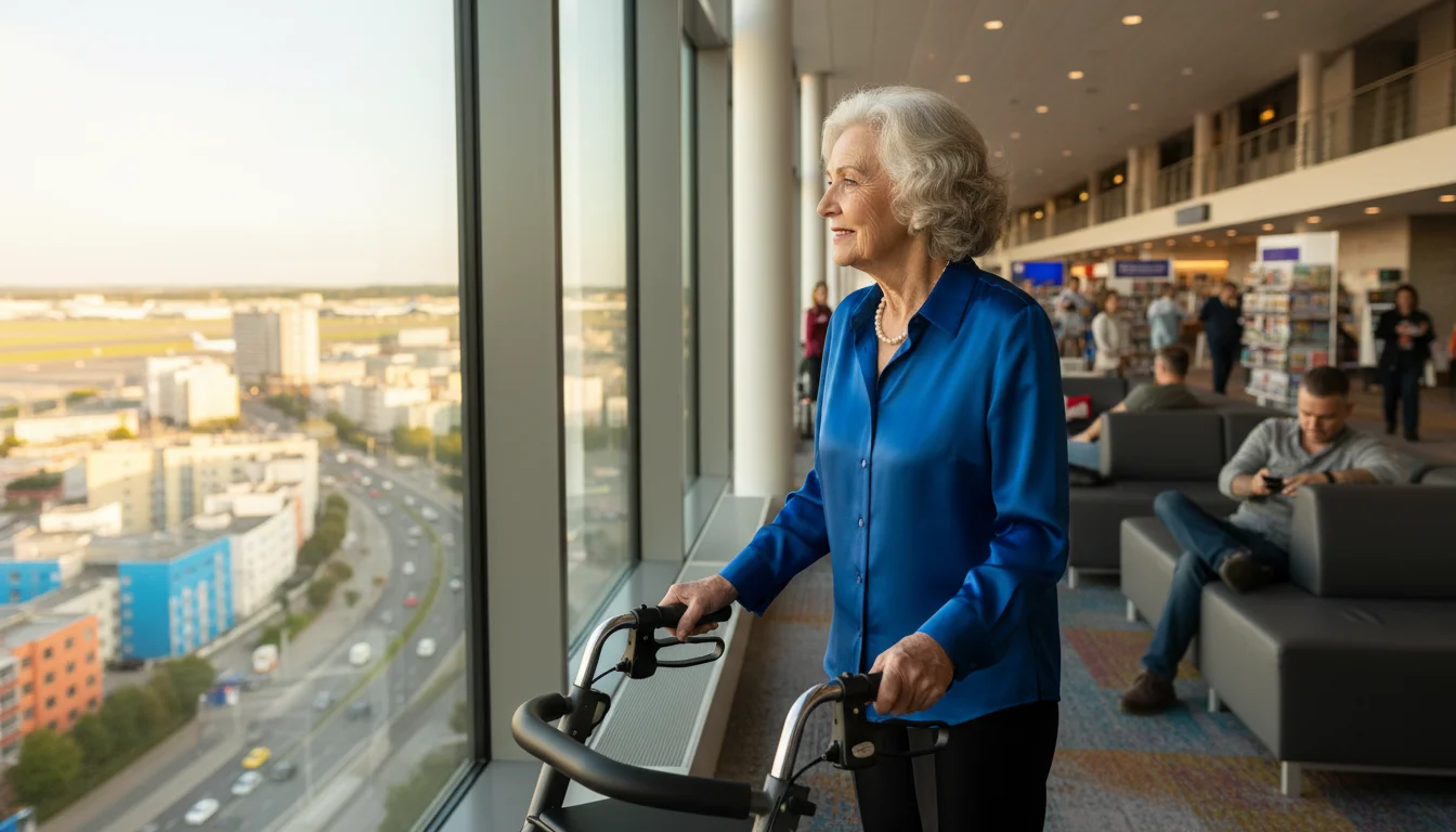 An older woman with a rollator stands by a large airport window, looking out at a city skyline as a younger person watches her.