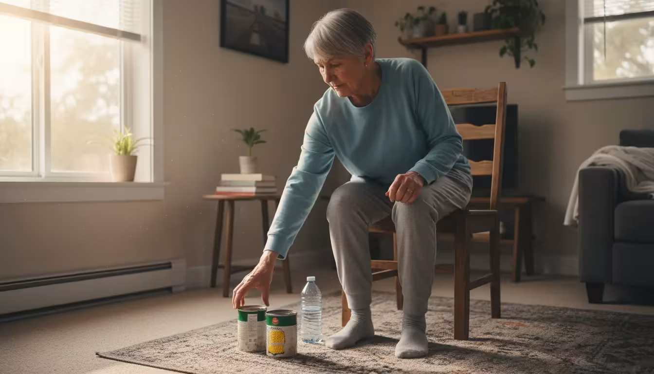 Older woman seated on a kitchen chair, reaching for two canned goods on the floor in a small, tidy living room, a water bottle nearby.